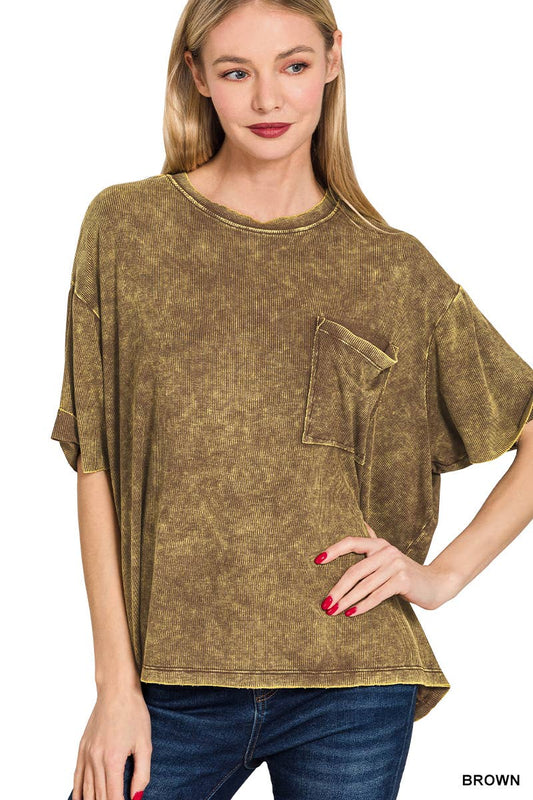 Washed Ribbed Cuffed Short Sleeve Round Neck Top: BROWN