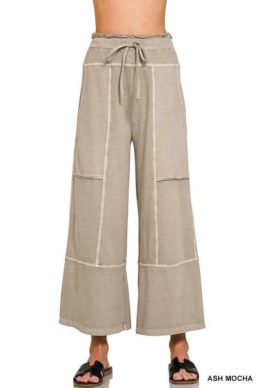 French Terry Washed Exposed-seam Wide Leg Pants: ASH MOCHA