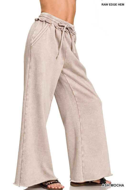 Acid Wash Fleece Palazzo Sweatpants With Pockets: ASH MOCHA
