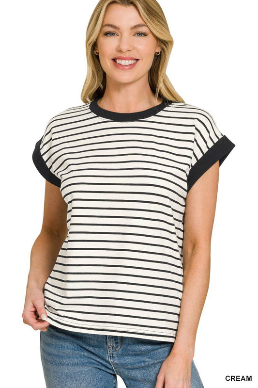 Contrast Trim Cap Sleeve Stripe Tee: CREAM