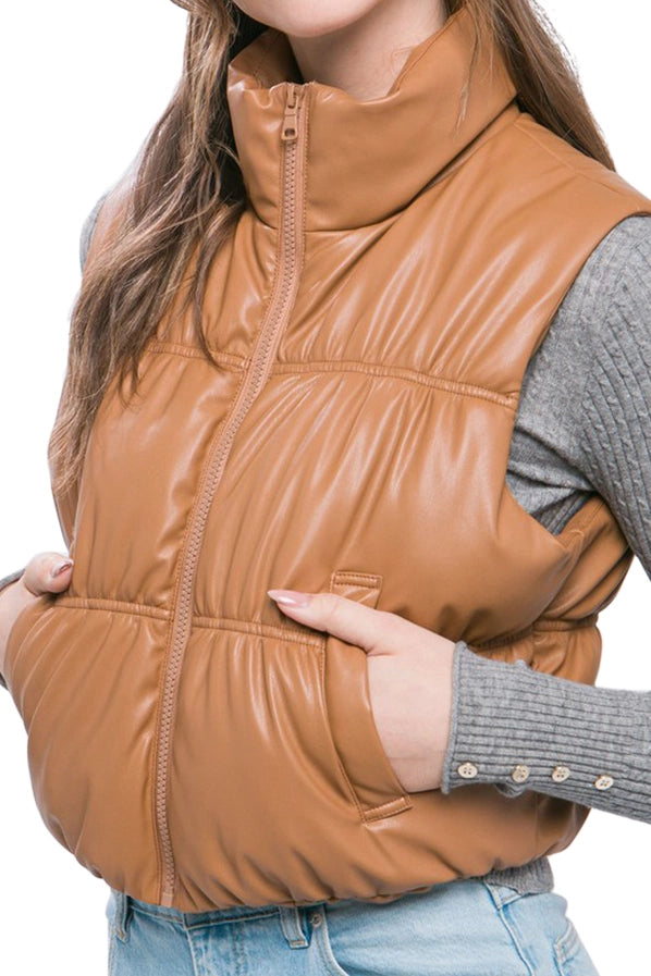 Camel Faux Leather Puffer Vest