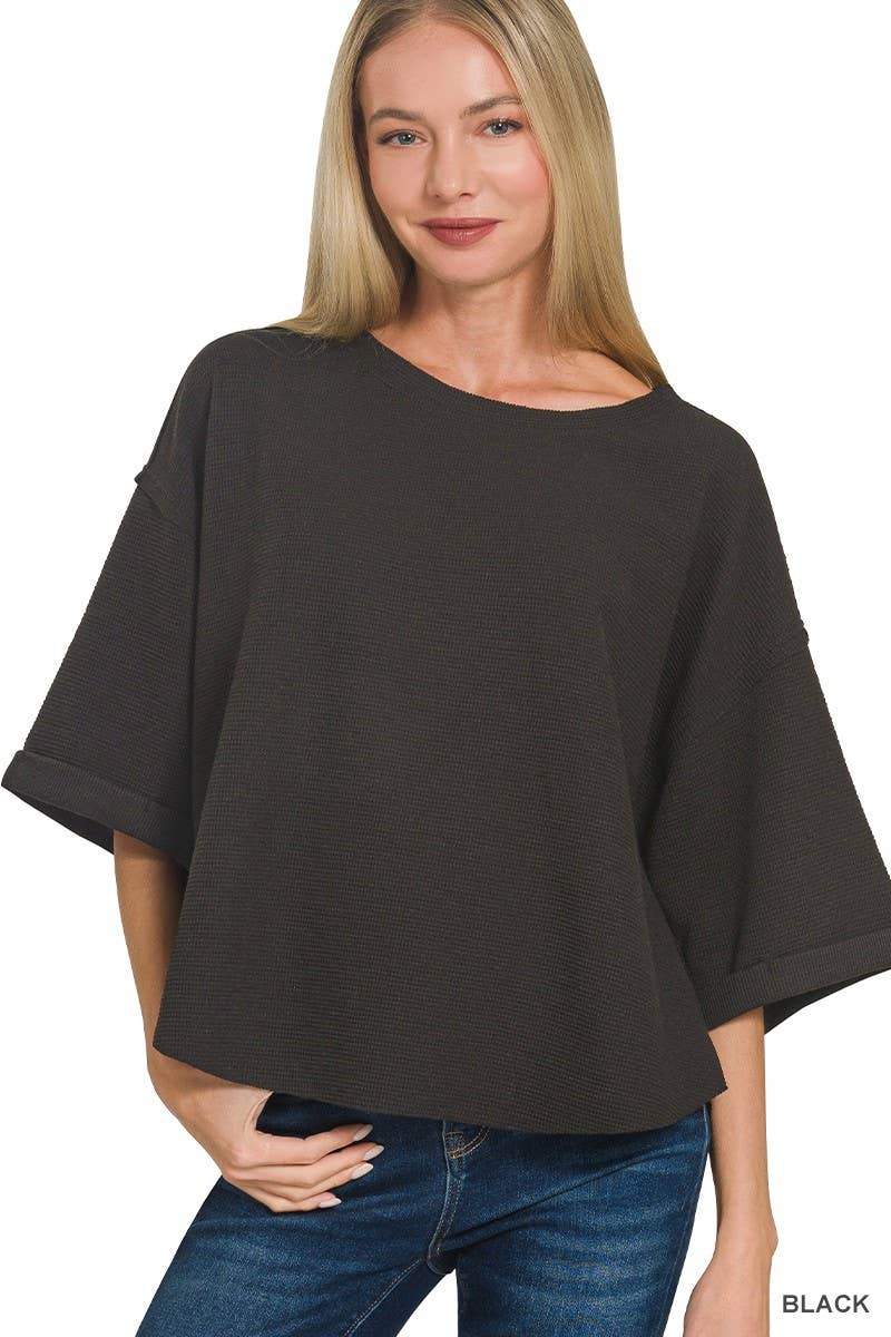 Double Knit Exposed Seam Curved Hem Top: BLACK