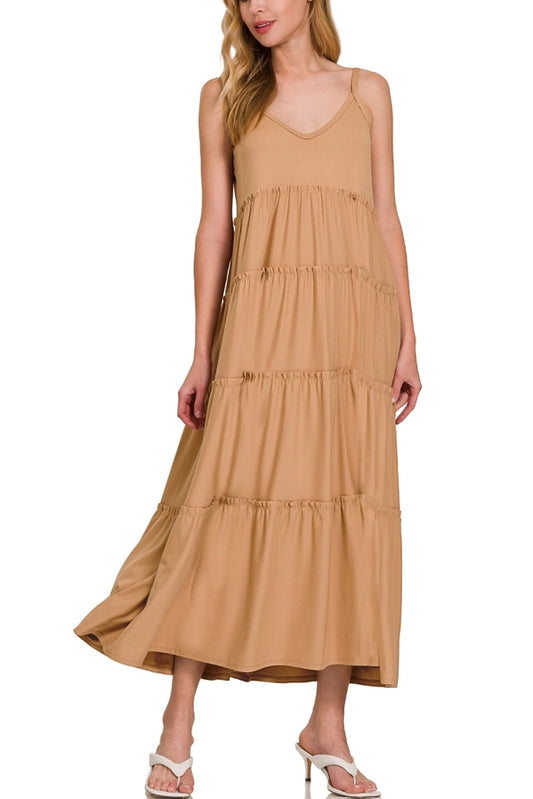 V-neck Cami Maxi Tiered Dress With Side Pockets