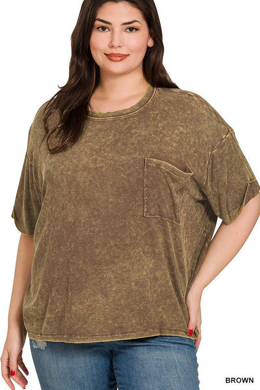 Plus Washed Ribbed Short Sleeve Round Neck Top: BROWN