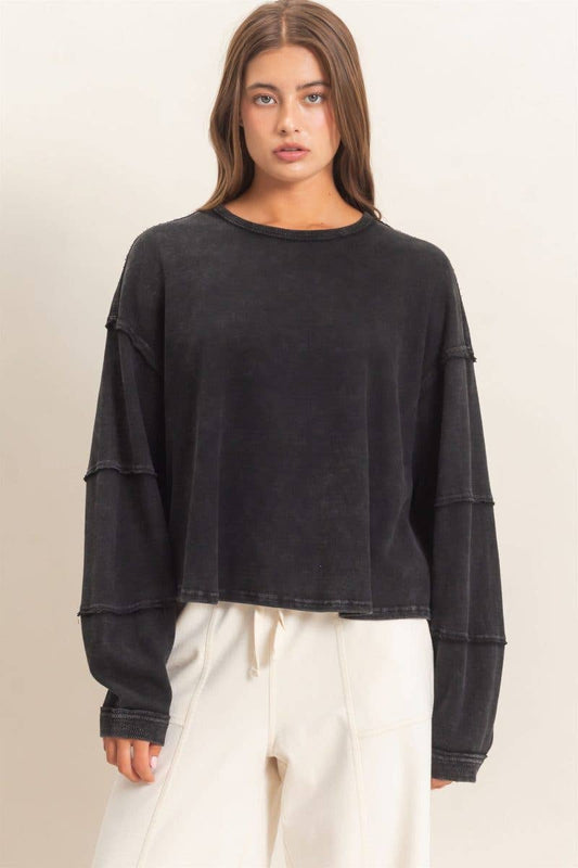 Mineral Wash Overzised Raw Edge Crew Neck Top: BLACK