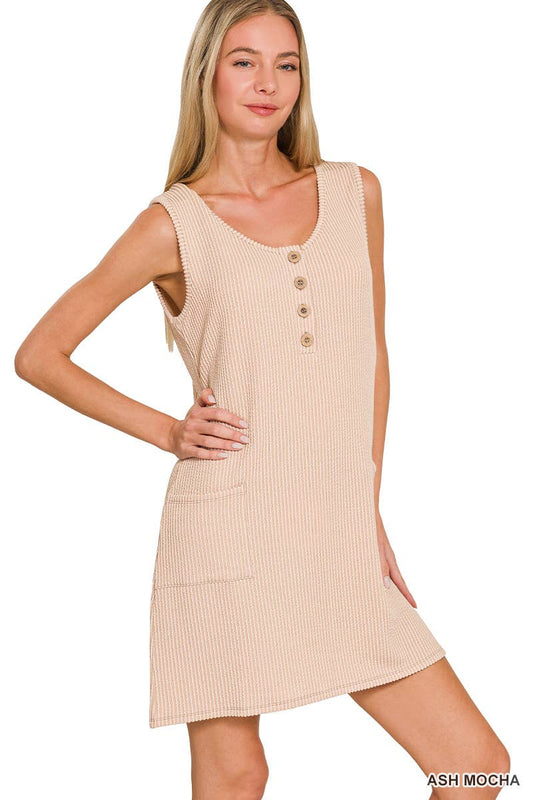 Corded Rib Sleeveless Tank Mini Dress With Pockets: ASH MOCHA