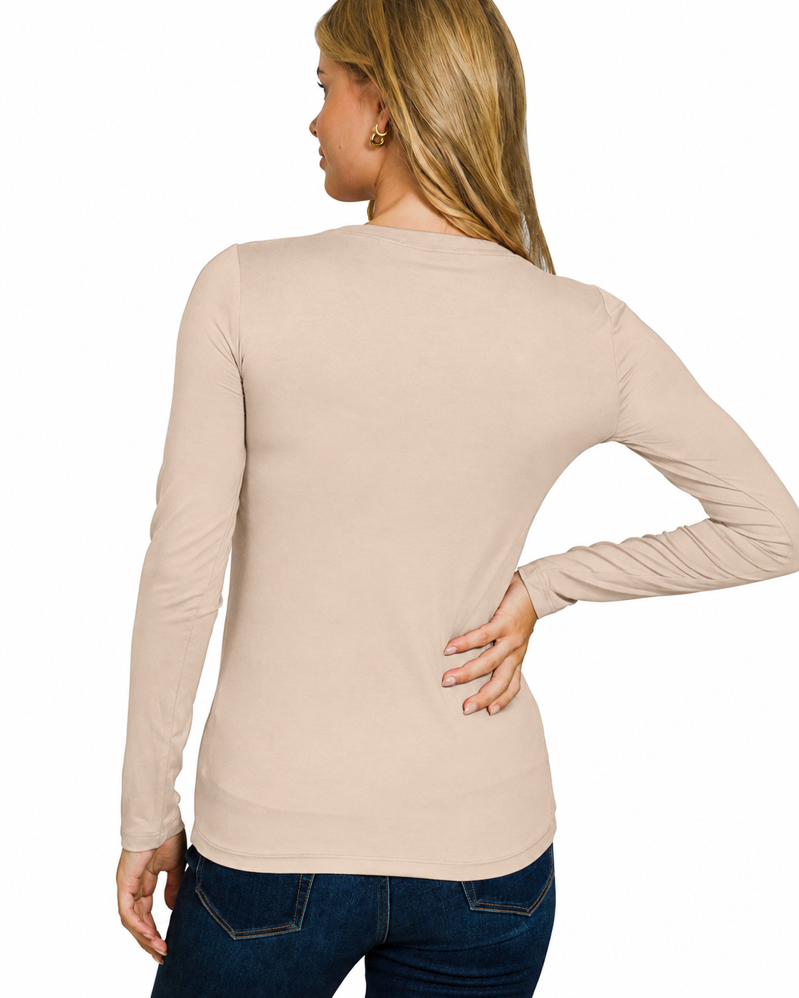 Brushed Long Sleeve Round Neck Tee: LT MOCHA