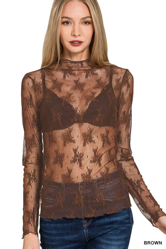 Lace See-through Layering Top: BROWN