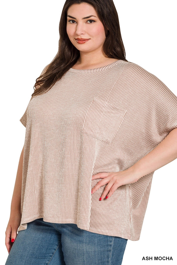 Plus Corded Rib Oversized Short-sleeve Top Ash Mocha