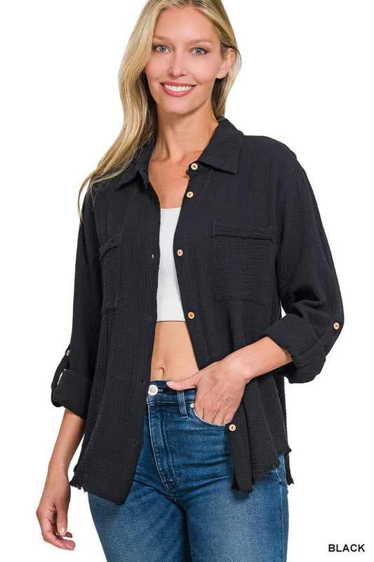 Double Gauze Button Down Roll-up Long Sleeve Shirt: BLACK