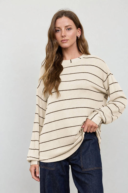 STRIPE LONG SLEEVE CUFFED RELAXED KNIT TOP : CREAM