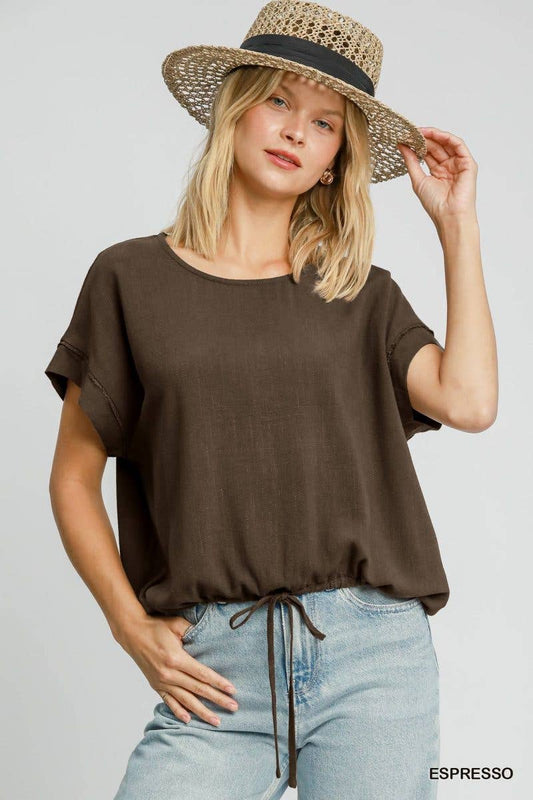 Drawstring Linen Blend Top: ESPRESSO