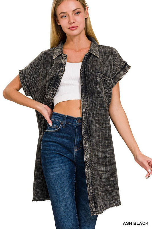 Washed Double Gauze Button Down Shirt Dress: ASH BLACK