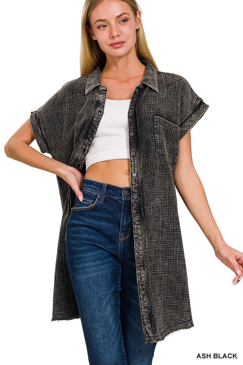 Washed Double Gauze Button Down Shirt Dress: ASH BLACK