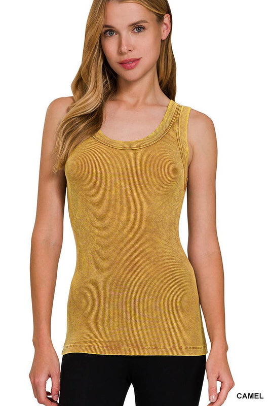 Washed Ribbed Scoop Neck Tank Top: CAMEL