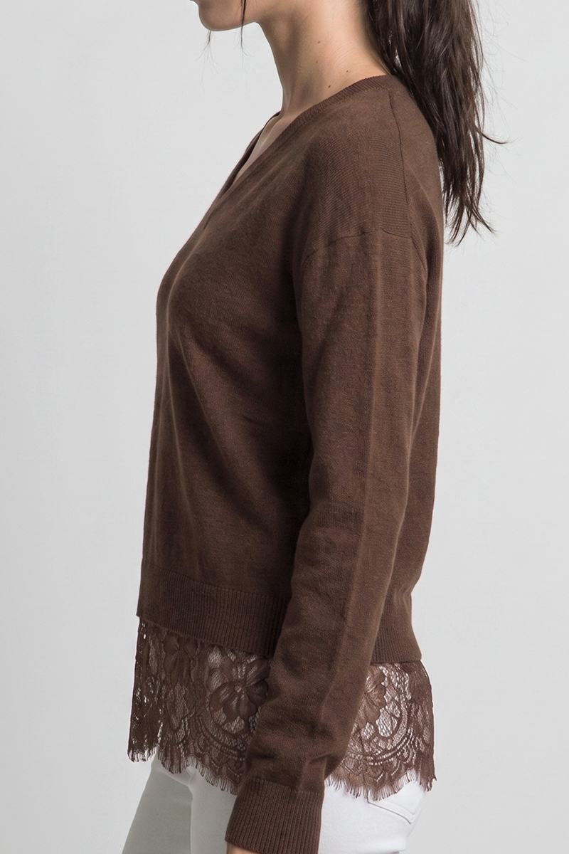 Fitch Oversized Lace-hem V-neck Sweater.: CHOCOLATE