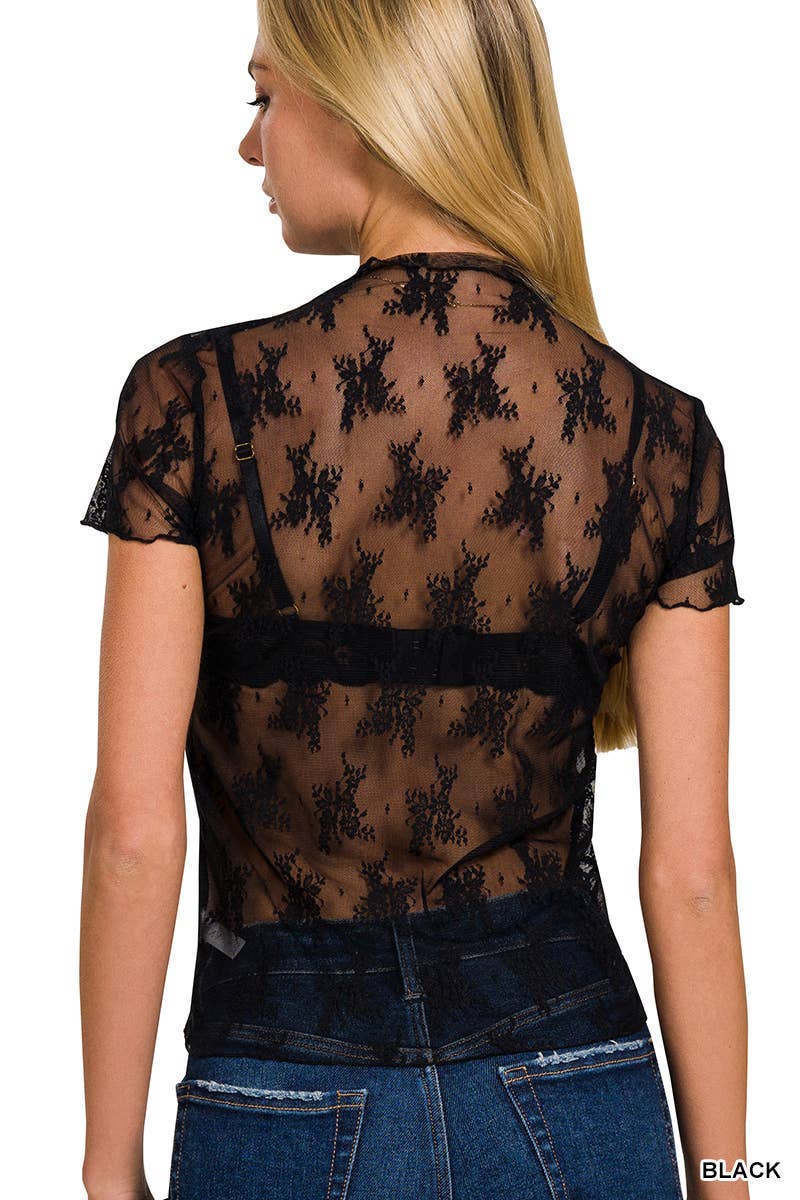Lace See-through Layering Short Sleeve Top: BLACK