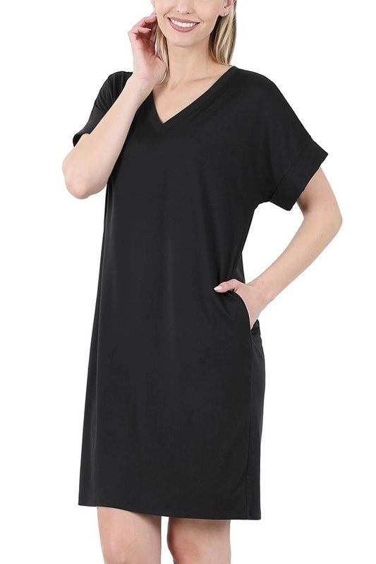 Buttery Soft Short Sleeve V-neck Dress Black
