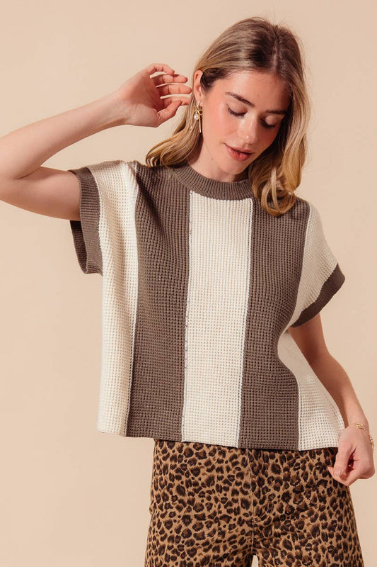 Waffle Textured Sweater Big Stripe Dolman Top: LT OLIVE