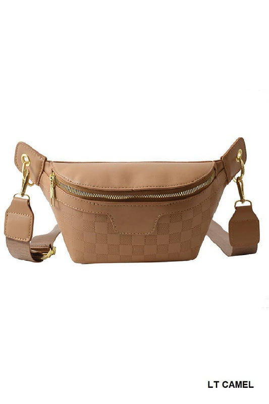 Vegan Leather Checkered Monogram Crossbody Bum Bag: LT CAMEL