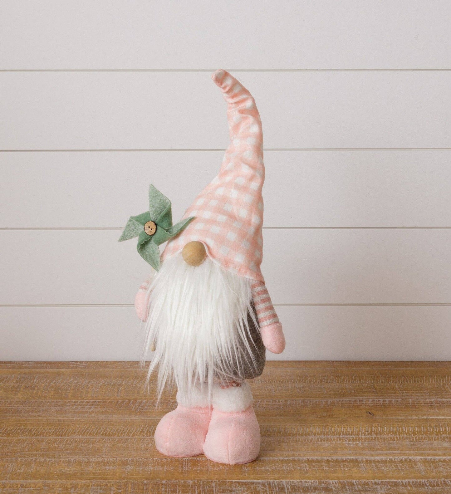 Standing Gnome - Pink Hat And Stiped Legs, Holding Pinwheel