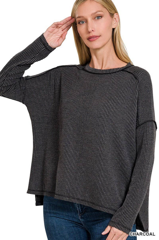 Rubbie Rib Raw Edge Boat Neck Long Sleeve Top: CHARCOAL