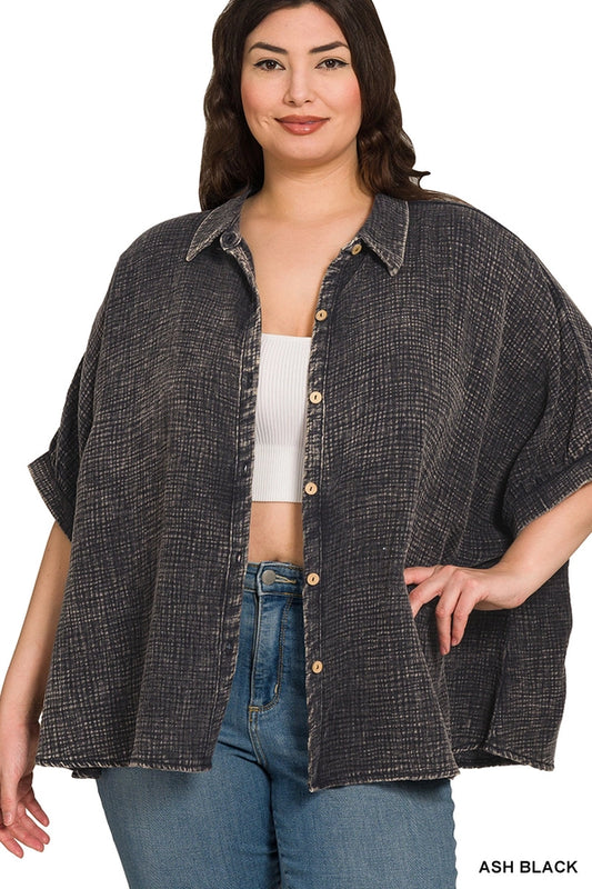 Plus Washed Double Gauze Button Down Half Sleeve Shirt Ash Black