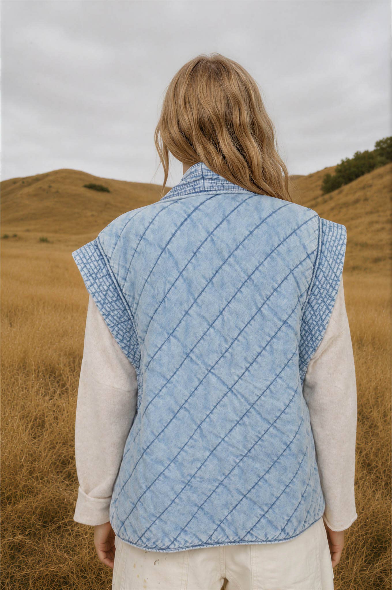 WASHED DENIM QUILTED SHAWL VEST : DENIM