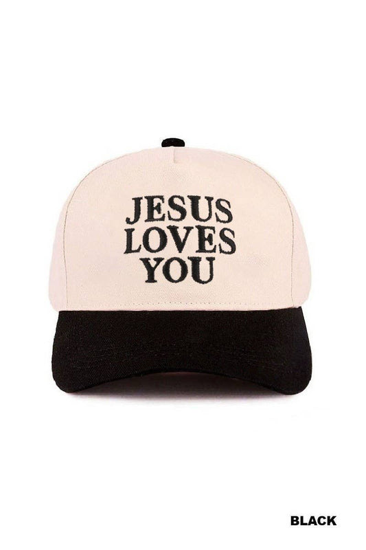 Jesus Loves You Two Tone Cotton Hat: BLACK
