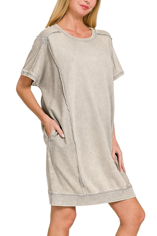 Terry Acid Wash Short Sleeve Dress With Pockets
