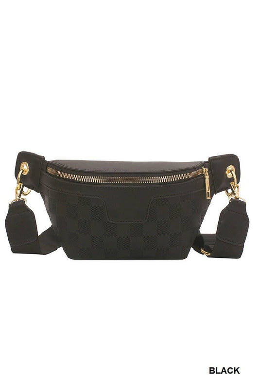 Vegan Leather Checkered Monogram Crossbody Bum Bag: BLACK