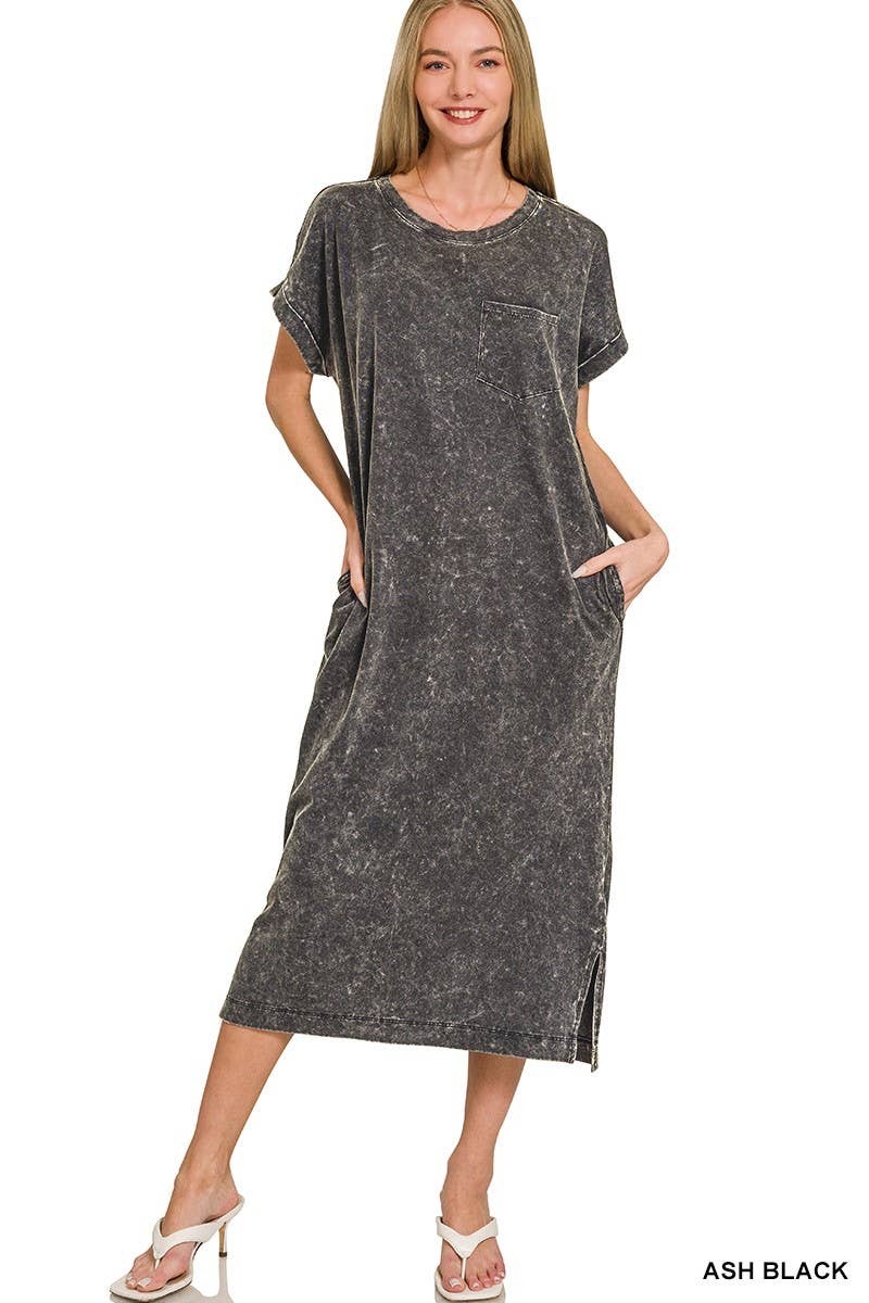 Washed Exposed Seam Short Sleeve T-shirts Dress: ASH BLACK