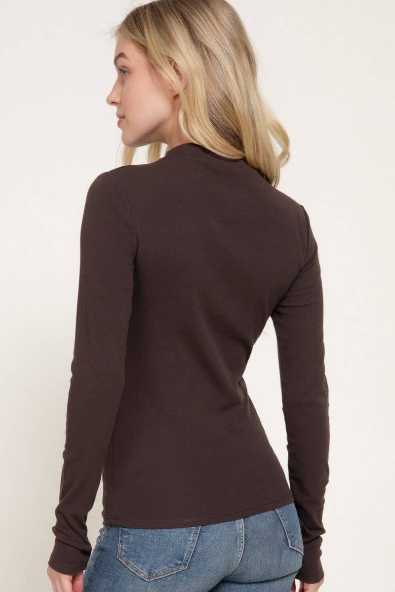 Long Slv High Neck Rib Knit Top: CHOCOLATE
