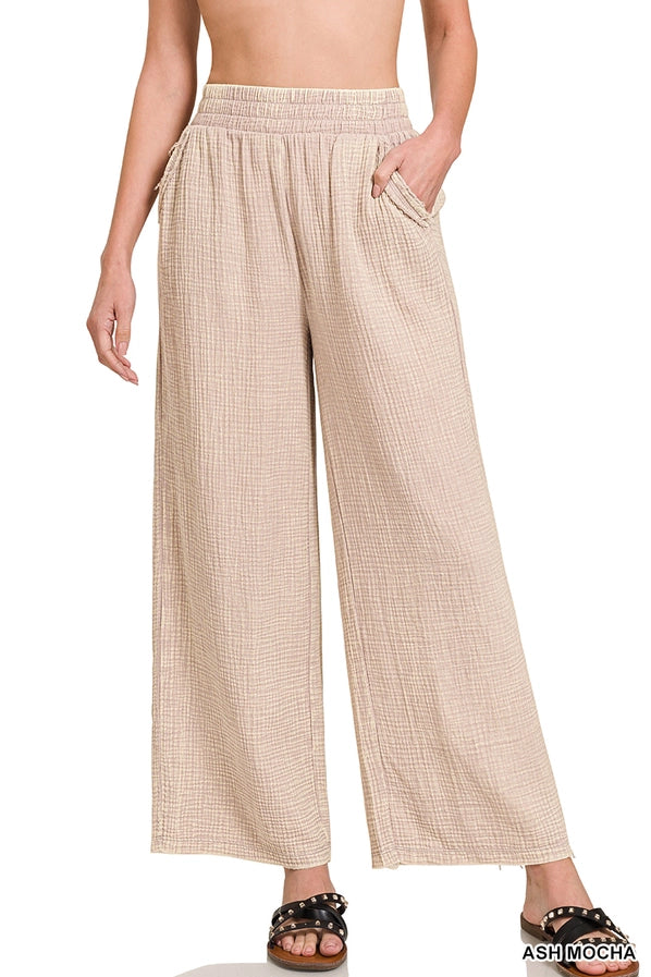 Washed Double Gauze Elastic Band Waist Pants