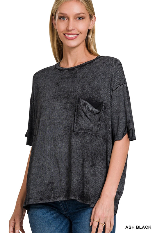 Washed Ribbed Cuffed Short Sleeve Round Neck Top Ash Black