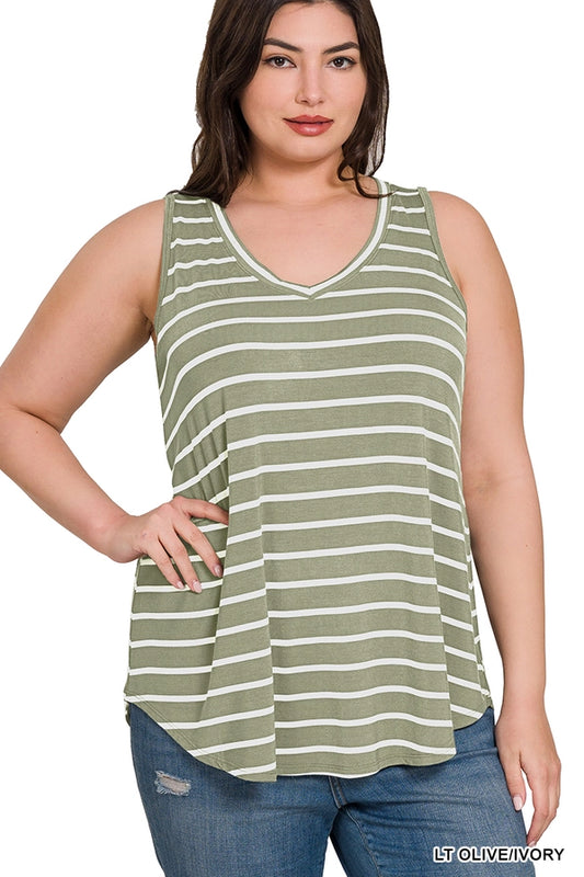 Plus Stripe Sleeveless V Neck Top