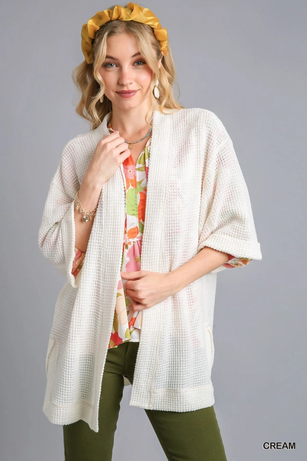 Chunky Waffle Knit Cardigan With Side Slit