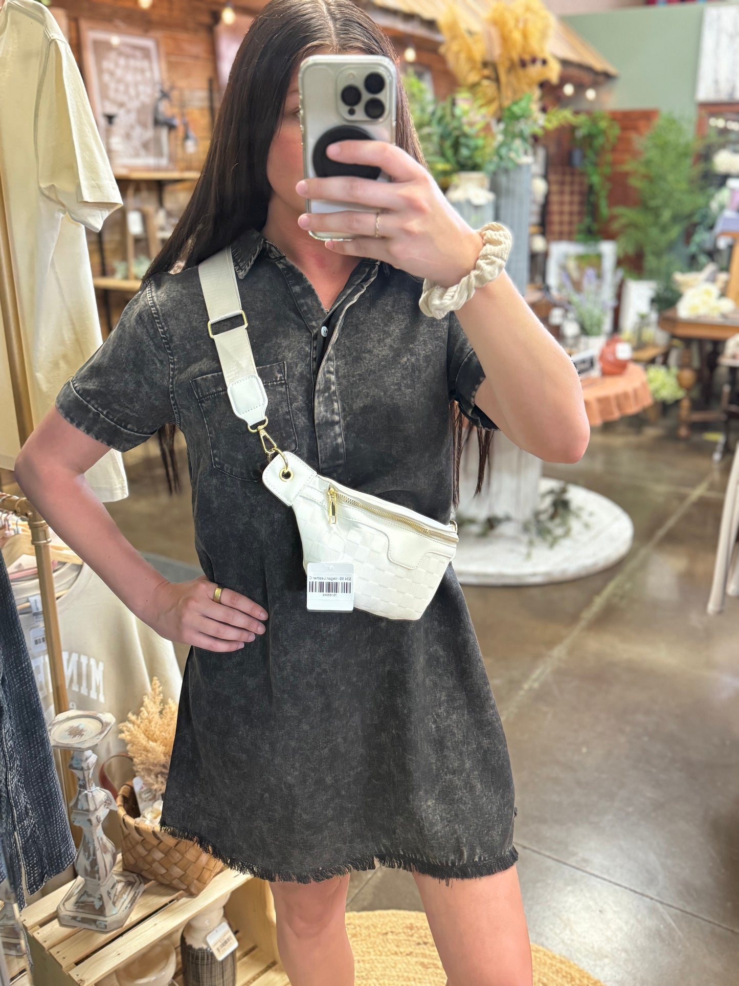 Mineral Washed Collared Shirts Dress: ASH BLACK
