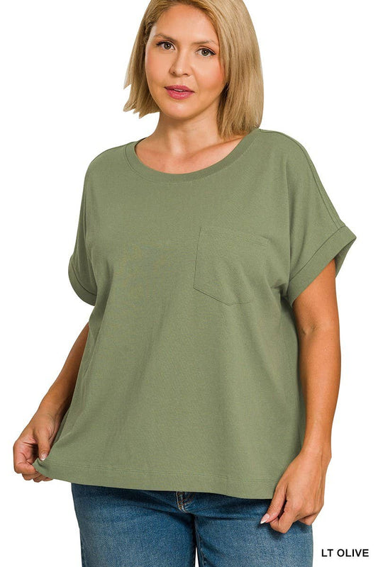 Plus Cuffed Front Pocket Short Sleeve Tee: LT OLIVE