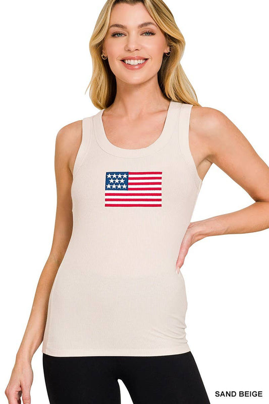 Ribbed American Flag Scoop Neck Tank Top: SAND BEIGE