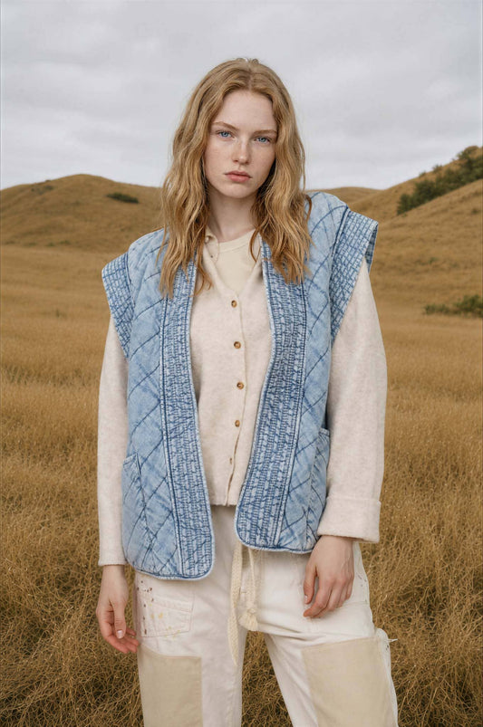 WASHED DENIM QUILTED SHAWL VEST : DENIM