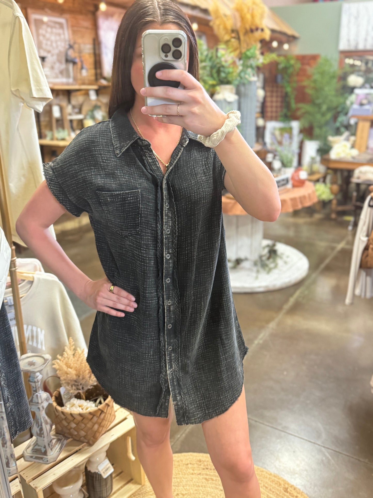 Washed Double Gauze Button Down Shirt Dress: ASH BLACK