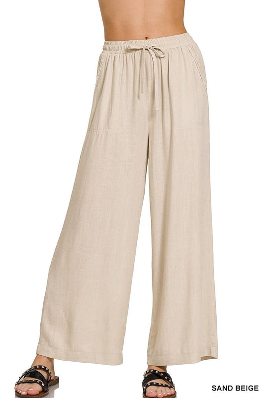 Wide-leg Linen Blend Pants With Pockets: SAND BEIGE