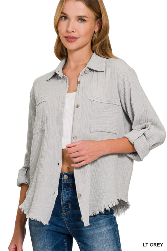 Double Gauze Button Down Roll-up Long Sleeve Shirt