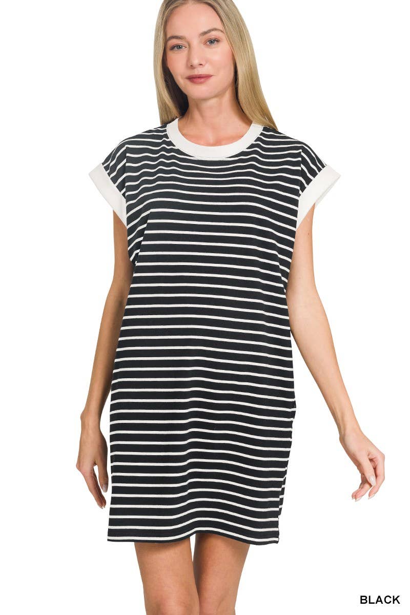 Contrast Trim Striped T-shirts Dress: BLACK