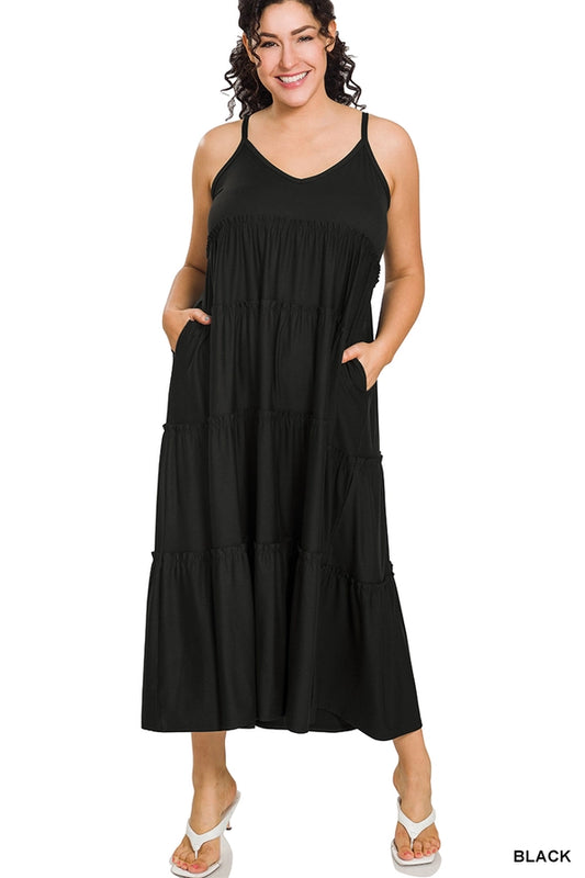 Plus V-neck Cami Maxi Tiered Dress Black