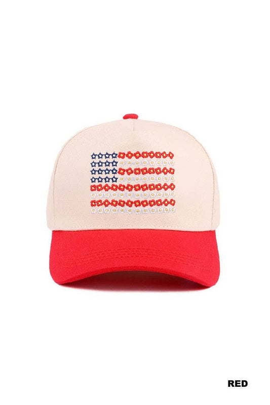 Star Floral American Flag Two Tone Cotton Hat: RED