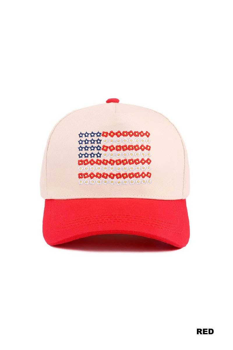 Star Floral American Flag Two Tone Cotton Hat: RED
