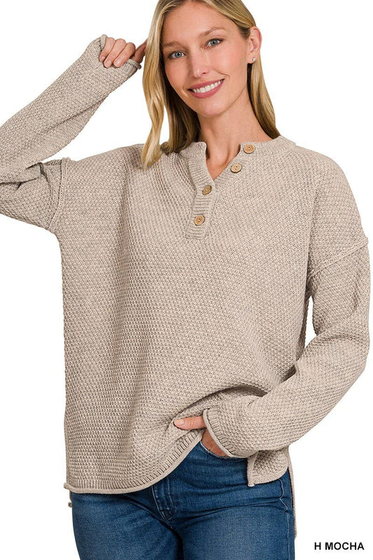 Henley Neckline Basic Sweater: H MOCHA