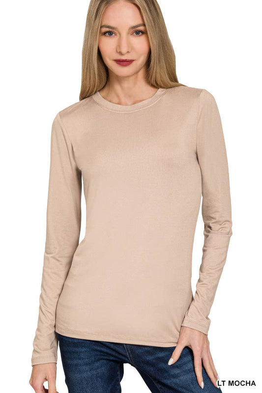 Brushed Long Sleeve Round Neck Tee: LT MOCHA